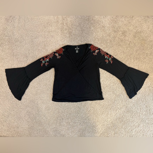 American Eagle Outfitters Tops - American Eagle Outfitters Black Top with Red Floral Embroidery